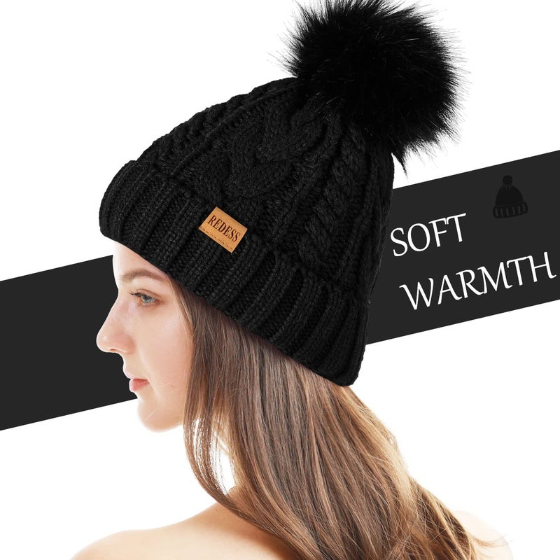 REDESS Women Winter Pompom Beanie Hat with Warm Fleece Lined, Thick Slouchy Snow Knit Skull Ski Cap - Image 3